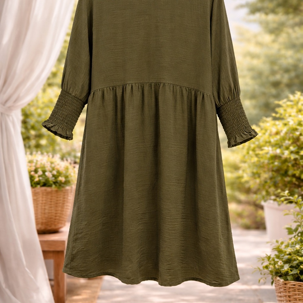 Olive Green Women's Smocked-Sleeve Dress